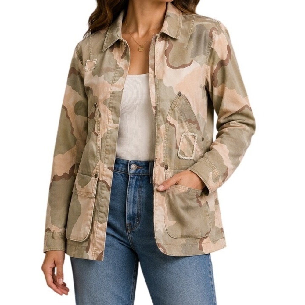 Anthropologie Desert Camo Distressed Cargo Utility Jacket Women's Small